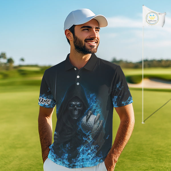Blue Flame Skull reaper Mens Golf polo shirts custom golf top for men, best golf gifts NQS10360