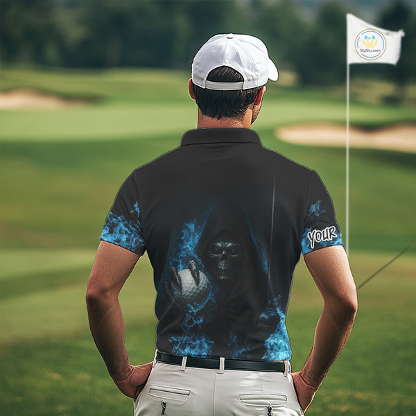 Blue Flame Skull reaper Mens Golf polo shirts custom golf top for men, best golf gifts NQS10360