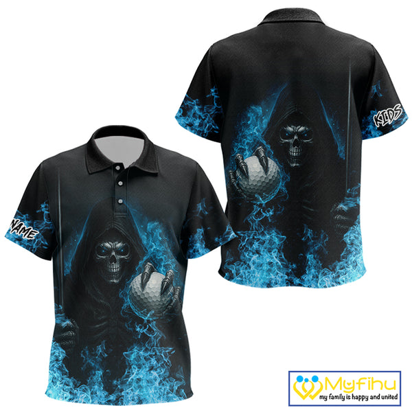 Blue Flame Skull reaper Kid Golf polo shirts custom golf top for Kid, best golf gifts NQS10360