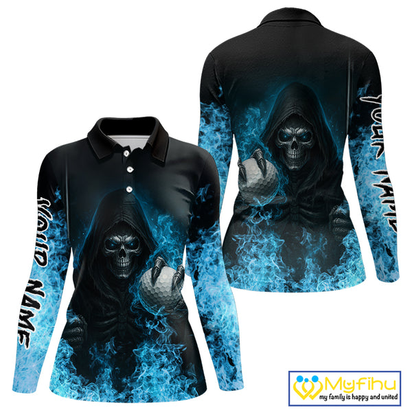 Blue Flame Skull reaper Women Golf polo shirts custom golf top for ladies, best golf gifts NQS10360