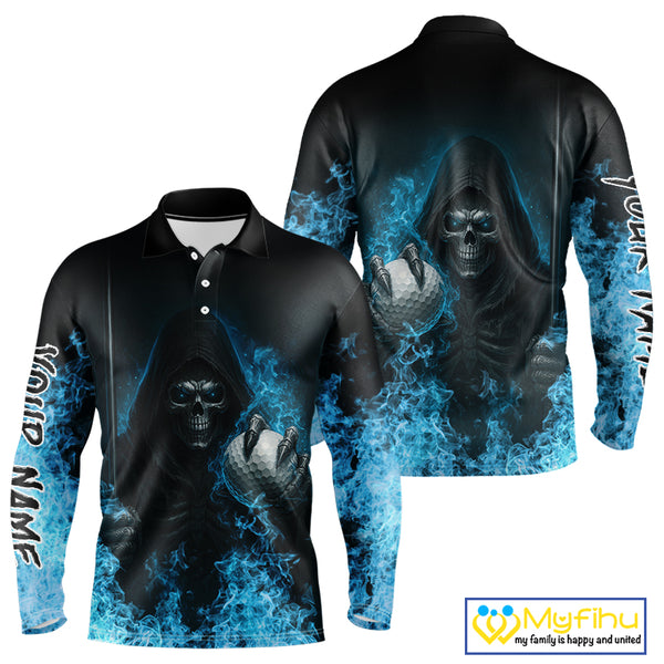 Blue Flame Skull reaper Mens Golf polo shirts custom golf top for men, best golf gifts NQS10360