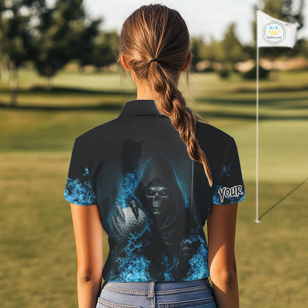 Blue Flame Skull reaper Women Golf polo shirts custom golf top for ladies, best golf gifts NQS10360