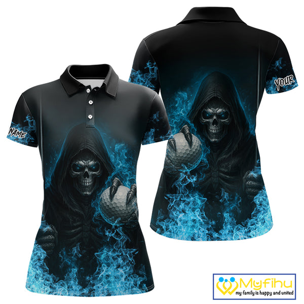 Blue Flame Skull reaper Women Golf polo shirts custom golf top for ladies, best golf gifts NQS10360