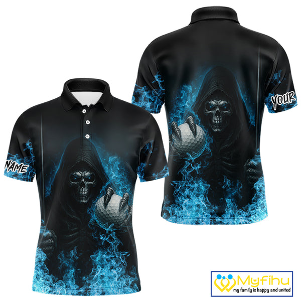 Blue Flame Skull reaper Mens Golf polo shirts custom golf top for men, best golf gifts NQS10360