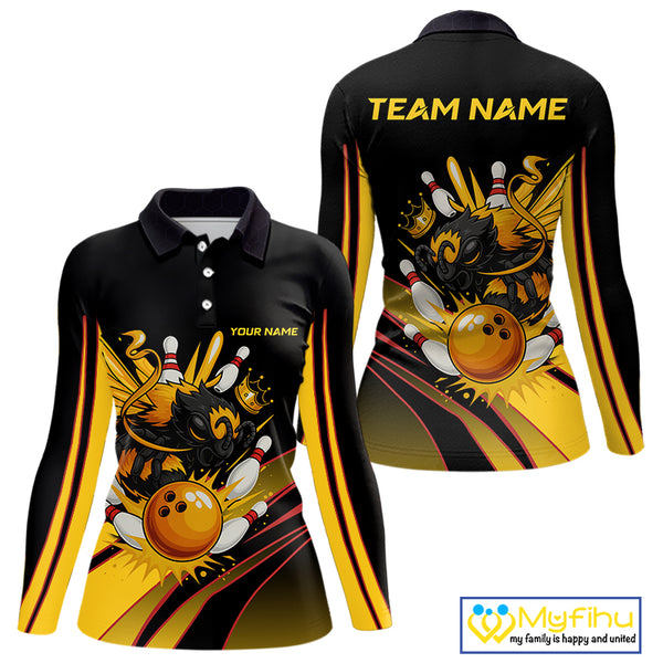 Black and Yellow Bee Bowling Polo, Quarter Zip Shirts For Women Custom Bee Bowling Team Jersey Outfit NQS10362