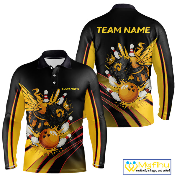 Black and Yellow Bee Bowling Polo, Quarter Zip Shirts For Men Custom Bee Bowling Team Jersey Outfit NQS10362