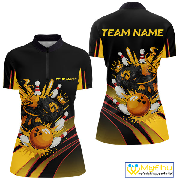 Black and Yellow Bee Bowling Polo, Quarter Zip Shirts For Women Custom Bee Bowling Team Jersey Outfit NQS10362