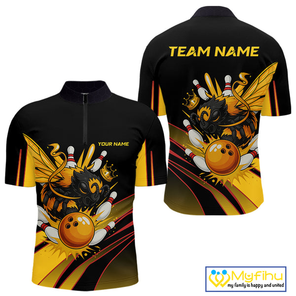 Black and Yellow Bee Bowling Polo, Quarter Zip Shirts For Men Custom Bee Bowling Team Jersey Outfit NQS10362