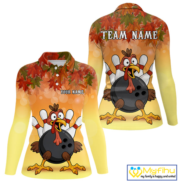 Custom Funny Turkey Bowling Shirt For Women, maple leaf pattern Thanksgiving Bowling Team Uniform NQS10368