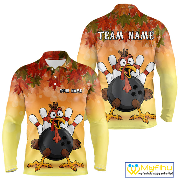 Custom Funny Turkey Bowling Shirt For Men, maple leaf pattern Thanksgiving Bowling Shirt Team Uniform NQS10368