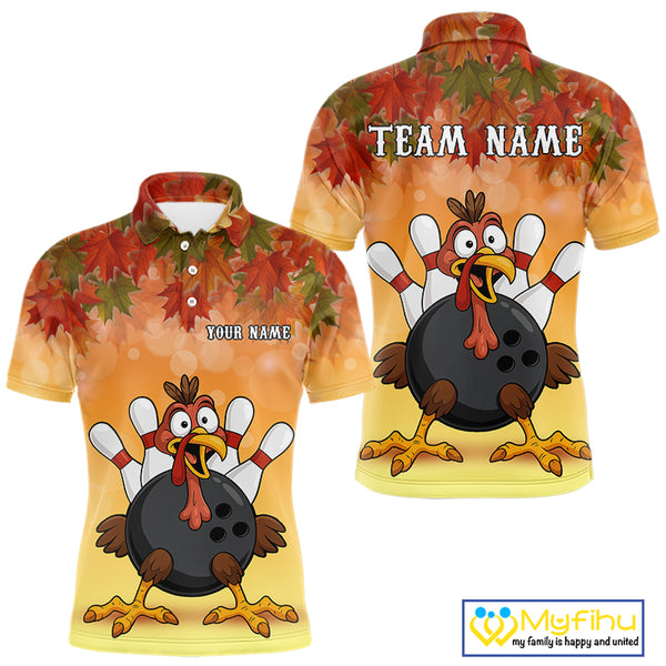 Custom Funny Turkey Bowling Shirt For Men, maple leaf pattern Thanksgiving Bowling Shirt Team Uniform NQS10368