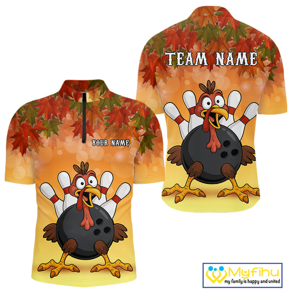 Custom Funny Turkey Bowling Shirt For Men, maple leaf pattern Thanksgiving Bowling Shirt Team Uniform NQS10368
