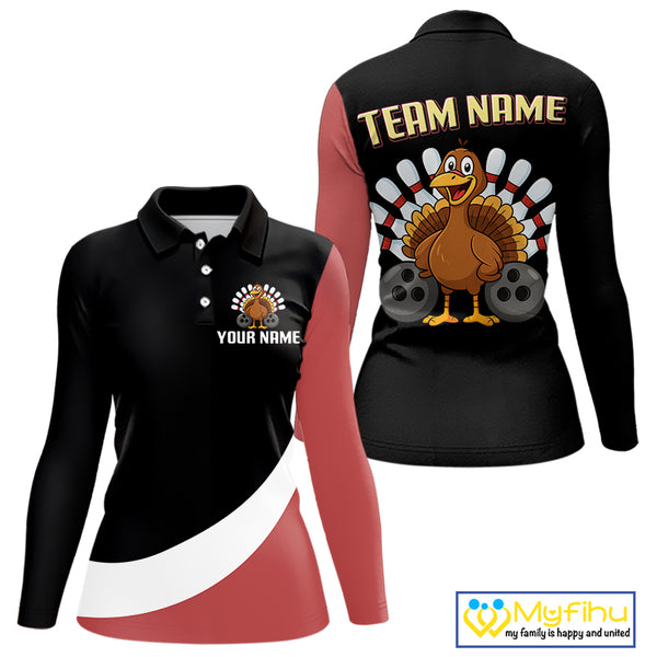 Retro Black & Red Turkey Bowling Polo, Quarter Zip Shirt For Women, Thanksgiving Bowling Team Jersey NQS10370
