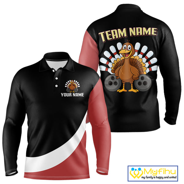 Retro Black and Red Turkey Bowling Polo, Quarter Zip Shirt For Men, Thanksgiving Bowling Team Jersey NQS10370