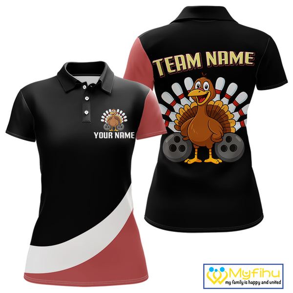 Retro Black & Red Turkey Bowling Polo, Quarter Zip Shirt For Women, Thanksgiving Bowling Team Jersey NQS10370