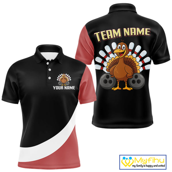 Retro Black and Red Turkey Bowling Polo, Quarter Zip Shirt For Men, Thanksgiving Bowling Team Jersey NQS10370