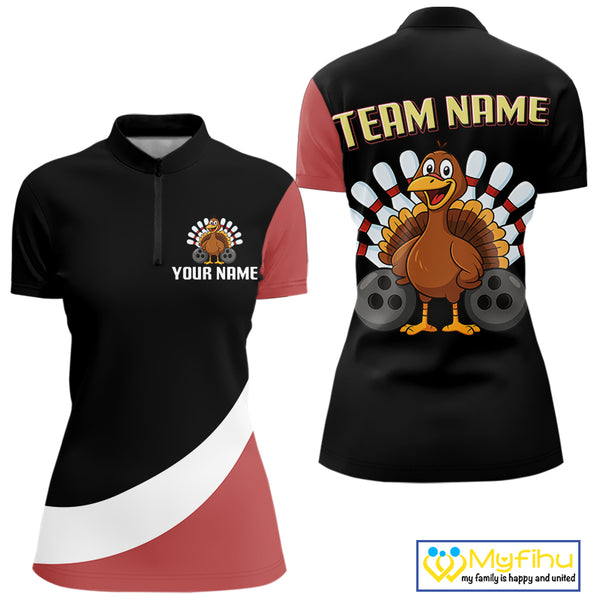 Retro Black & Red Turkey Bowling Polo, Quarter Zip Shirt For Women, Thanksgiving Bowling Team Jersey NQS10370