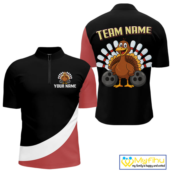Retro Black and Red Turkey Bowling Polo, Quarter Zip Shirt For Men, Thanksgiving Bowling Team Jersey NQS10370