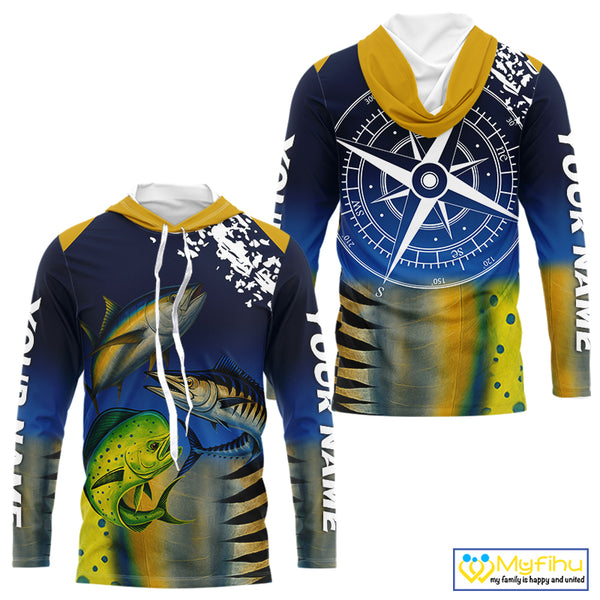 Personalized Mahi Mahi, Wahoo, Tuna scales blue Fishing Shirts, compass offshore tournament Shirts NQS10371