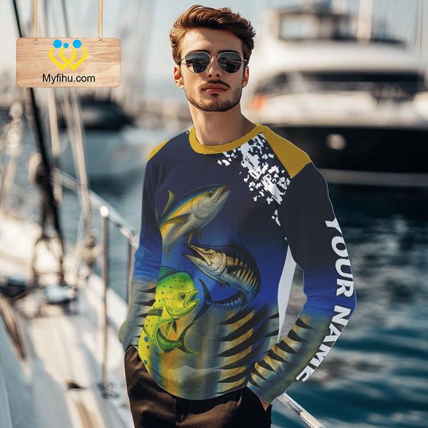 Personalized Mahi Mahi, Wahoo, Tuna scales blue Fishing Shirts, compass offshore tournament Shirts NQS10371