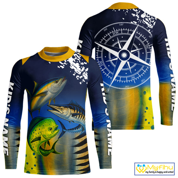 Personalized Mahi Mahi, Wahoo, Tuna scales blue Fishing Shirts, compass offshore tournament Shirts NQS10371