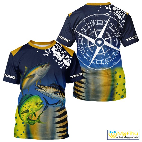 Personalized Mahi Mahi, Wahoo, Tuna scales blue Fishing Shirts, compass offshore tournament Shirts NQS10371