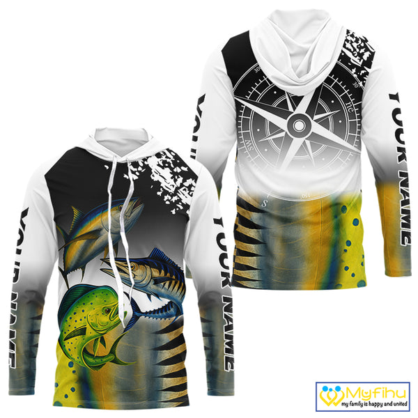 Personalized Mahi Mahi, Wahoo, Tuna scales black Fishing Shirts, compass offshore tournament Shirts NQS10372