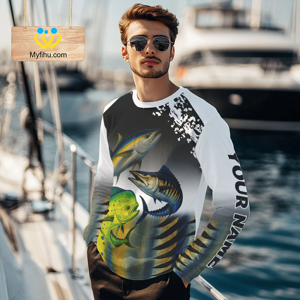 Personalized Mahi Mahi, Wahoo, Tuna scales black Fishing Shirts, compass offshore tournament Shirts NQS10372