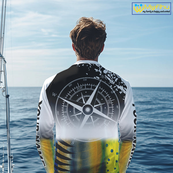 Personalized Mahi Mahi, Wahoo, Tuna scales black Fishing Shirts, compass offshore tournament Shirts NQS10372