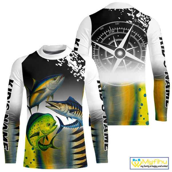 Personalized Mahi Mahi, Wahoo, Tuna scales black Fishing Shirts, compass offshore tournament Shirts NQS10372