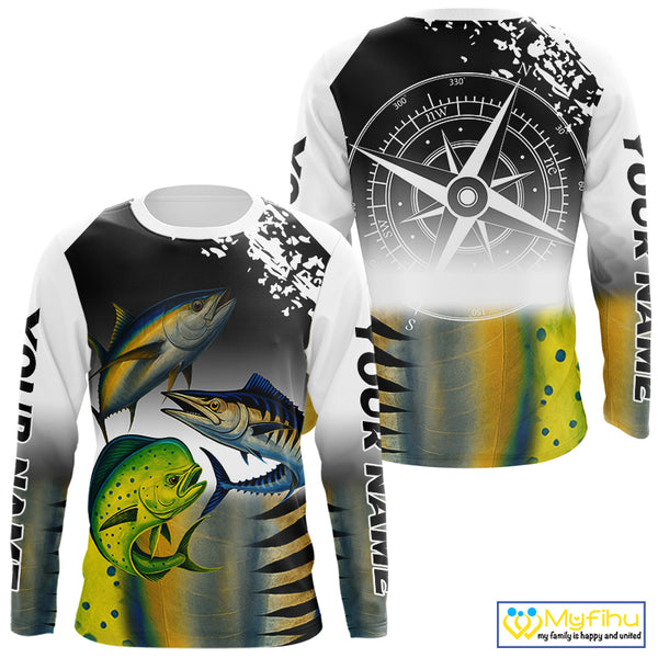 Personalized Mahi Mahi, Wahoo, Tuna scales black Fishing Shirts, compass offshore tournament Shirts NQS10372
