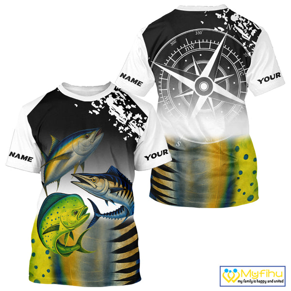 Personalized Mahi Mahi, Wahoo, Tuna scales black Fishing Shirts, compass offshore tournament Shirts NQS10372
