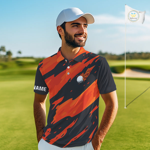 Black and Orange Flame Golf polo shirts for mens Custom mens golf outfit, personalized golf gifts NQS10069