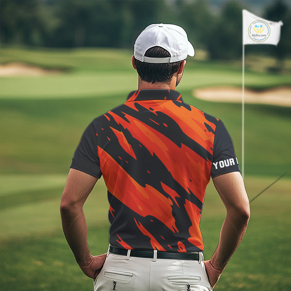 Black and Orange Flame Golf polo shirts for mens Custom mens golf outfit, personalized golf gifts NQS10069