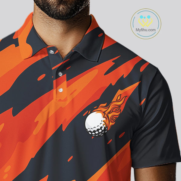 Black and Orange Flame Golf polo shirts for mens Custom mens golf outfit, personalized golf gifts NQS10069