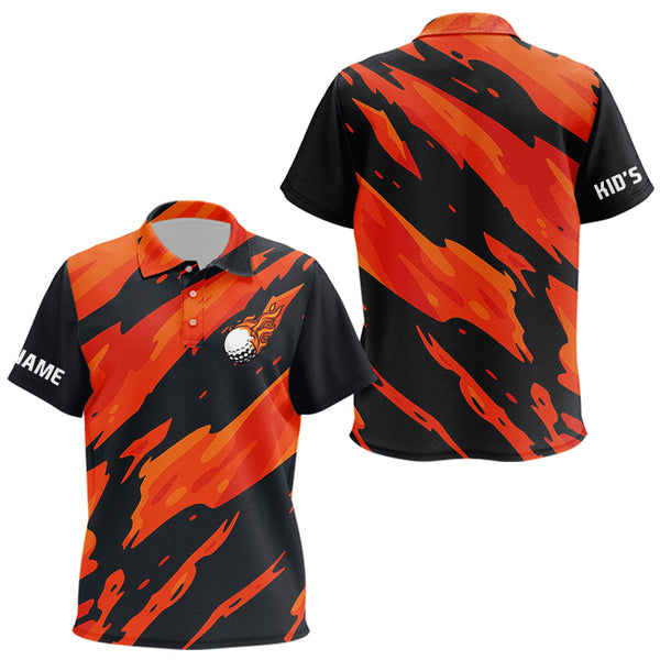 Black and Orange Flame Golf polo shirts for Kid Custom Kid golf outfit, personalized golf gifts NQS10069