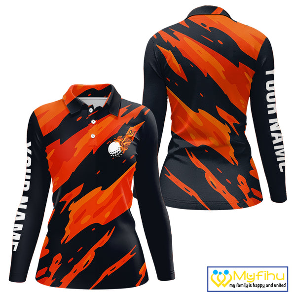 Black and Orange Flame Golf polo shirts for Women Custom ladies golf outfit, personalized golf gifts NQS10069