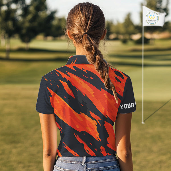 Black and Orange Flame Golf polo shirts for Women Custom ladies golf outfit, personalized golf gifts NQS10069