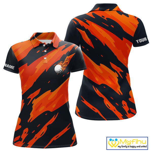 Black and Orange Flame Golf polo shirts for Women Custom ladies golf outfit, personalized golf gifts NQS10069