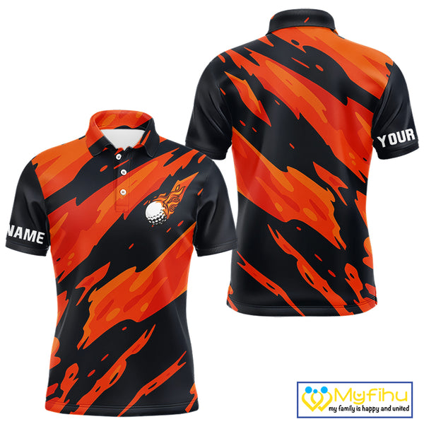 Black and Orange Flame Golf polo shirts for mens Custom mens golf outfit, personalized golf gifts NQS10069