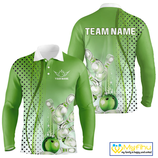 Mens bowling polo, quarter zip shirts Custom bowling team jerseys, gift for Bowlers | Green NQS10072