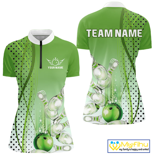 Women bowling polo, quarter zip shirts Custom bowling team jerseys, gift for Bowlers | Green NQS10072