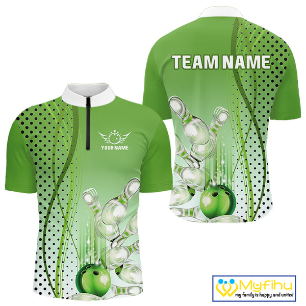 Mens bowling polo, quarter zip shirts Custom bowling team jerseys, gift for Bowlers | Green NQS10072