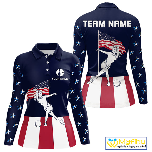 Red, White and Blue American Flag Bowling Team Shirts For Women Custom Patriotic Bowling Jerseys NQS10220