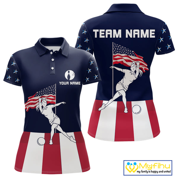 Red, White and Blue American Flag Bowling Team Shirts For Women Custom Patriotic Bowling Jerseys NQS10220