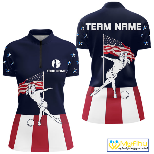 Red, White and Blue American Flag Bowling Team Shirts For Women Custom Patriotic Bowling Jerseys NQS10220