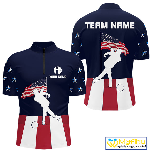 Red, White and Blue American Flag Bowling Team Shirts For Men Custom Patriotic Bowling Jerseys NQS10220