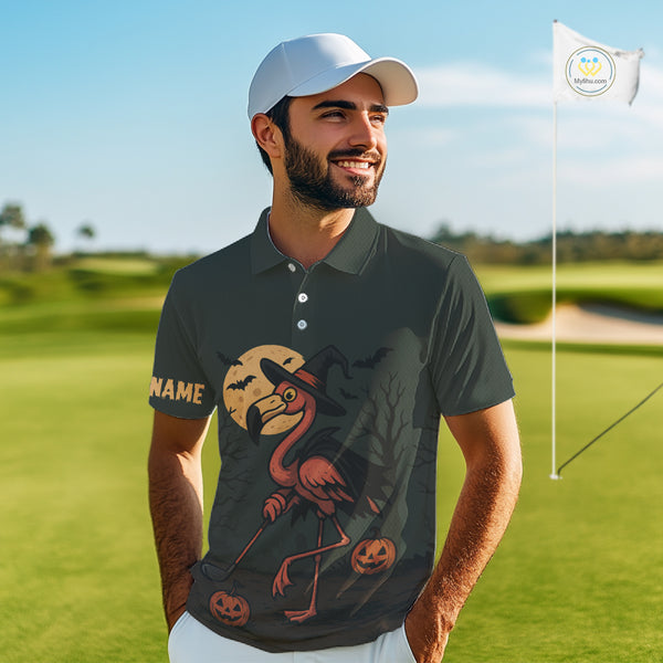 Halloween flamingo Mens golf polo shirt custom Halloween golf tops for men, unique golf gifts NQS10378
