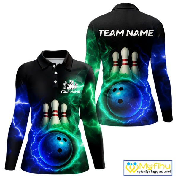 Blue and Green Lightning thunder Black Bowling Shirts For Women custom Bowling Team Jerseys NQS10379