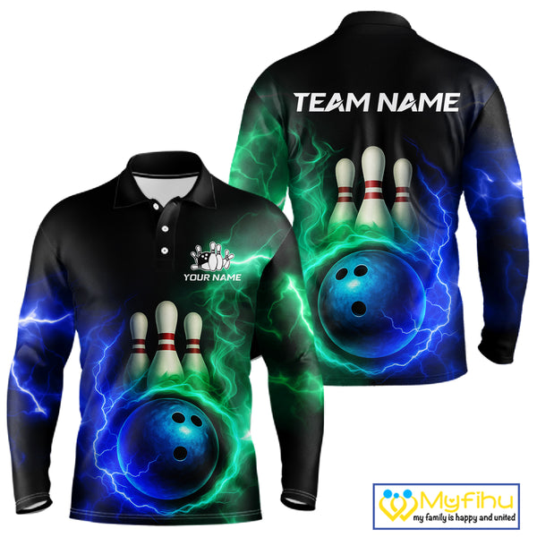 Blue and Green Lightning thunder Black Bowling Shirts For Men custom Bowling Team Jerseys NQS10379